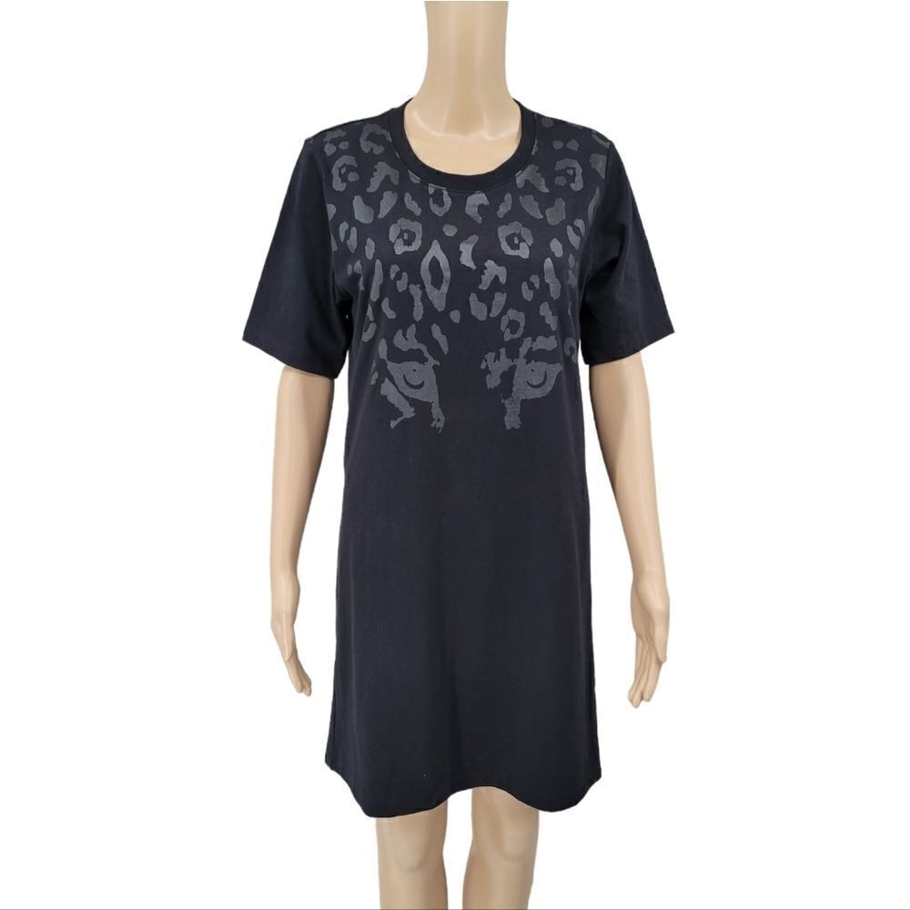 David Lerner Black T-Shirt Midi Dress Cotton Leopard Print Details Women's
